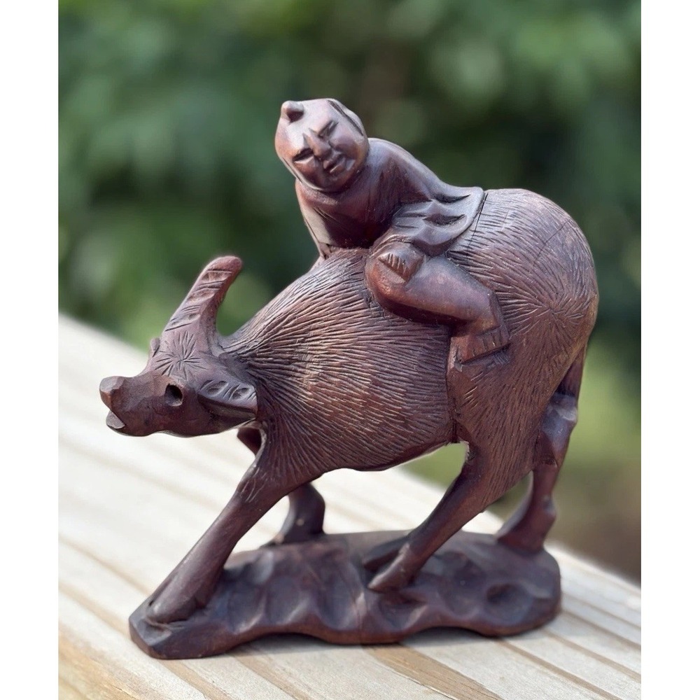 Vintage Asian Folk Art Carved Hardwood Statue Water Buffalo Man Riding Chinese